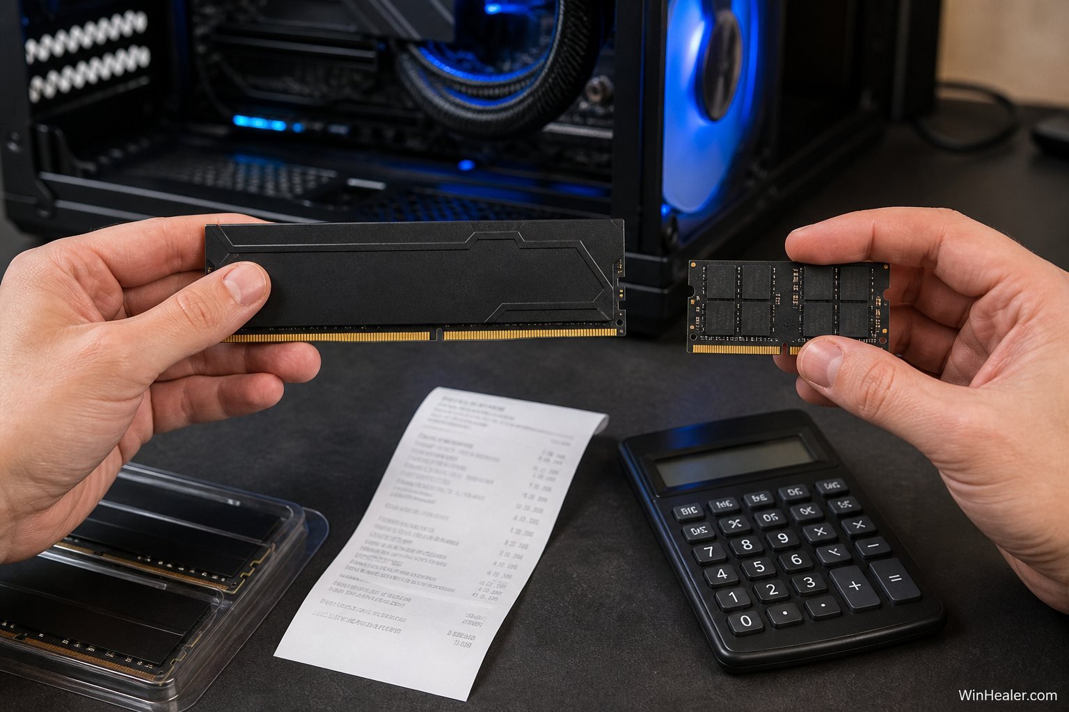 PC builder comparing desktop DDR5 memory and laptop RAM while checking upgrade costs