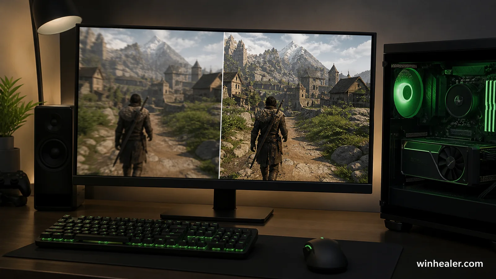 GeForce RTX gaming PC displaying a realistic upscaling comparison