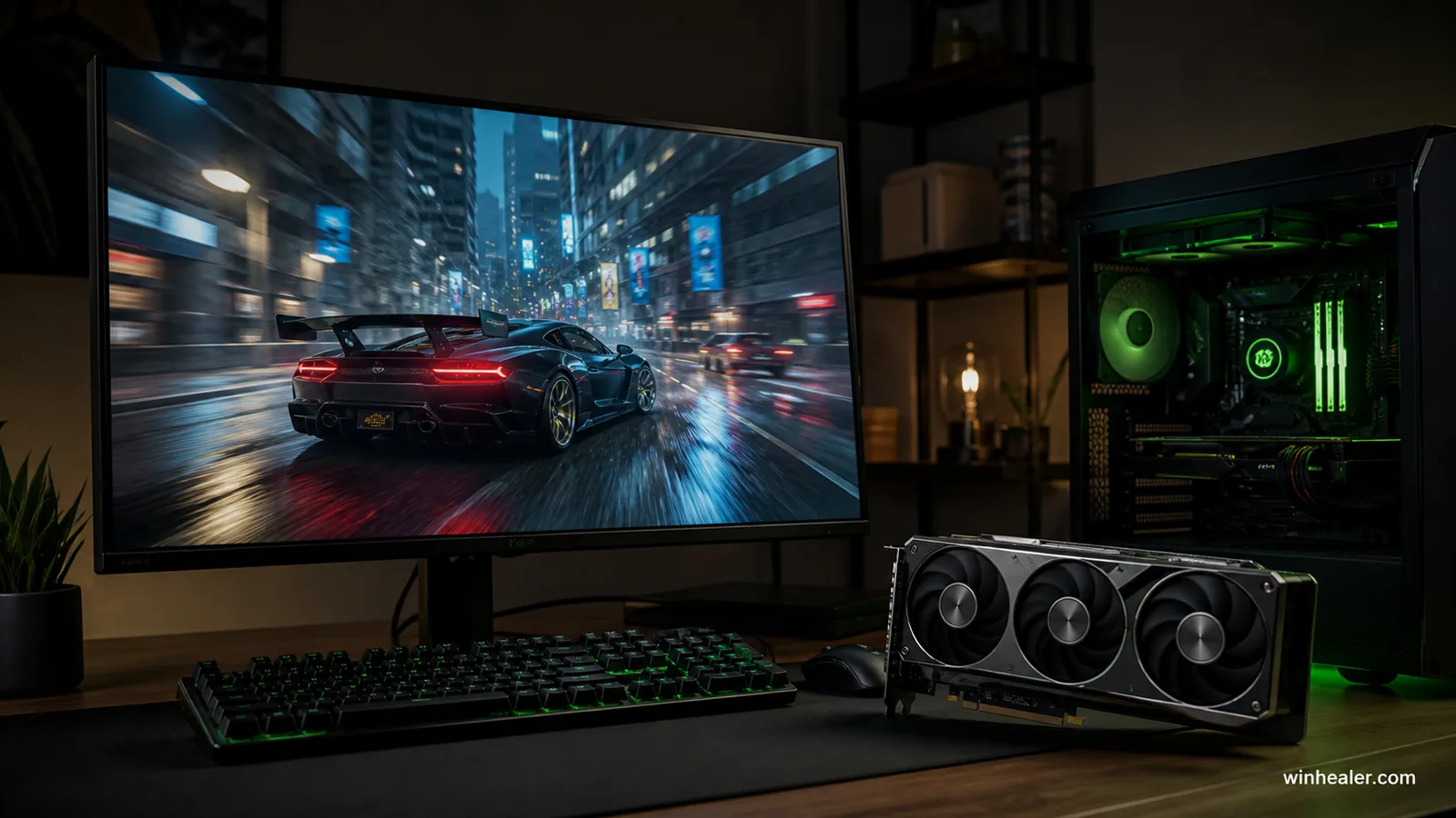 High refresh gaming monitor and GeForce RTX graphics card running a demanding game