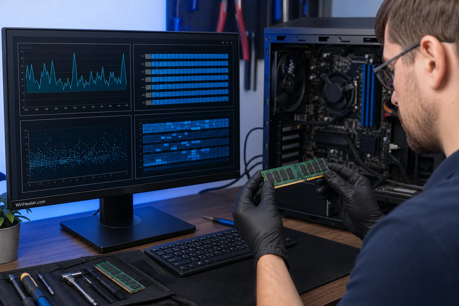 Desktop computer undergoing Windows memory diagnostics