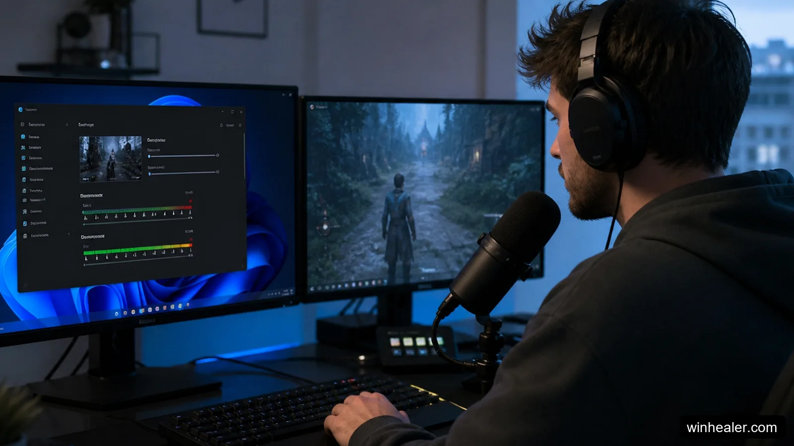 Windows 11 capture settings and microphone controls prepared for game recording
