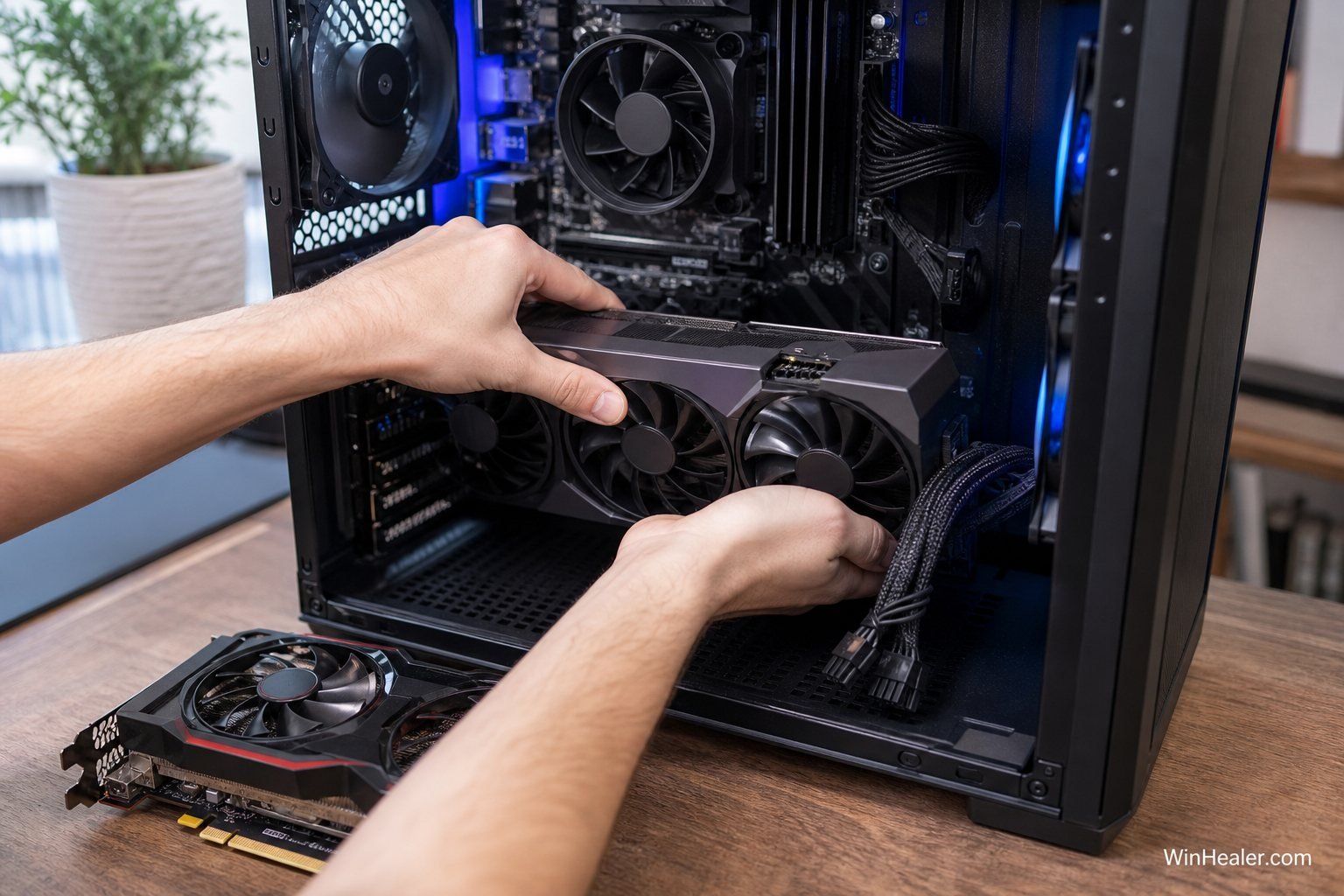 PC builder installing a modern graphics card while comparing it with an older GPU
