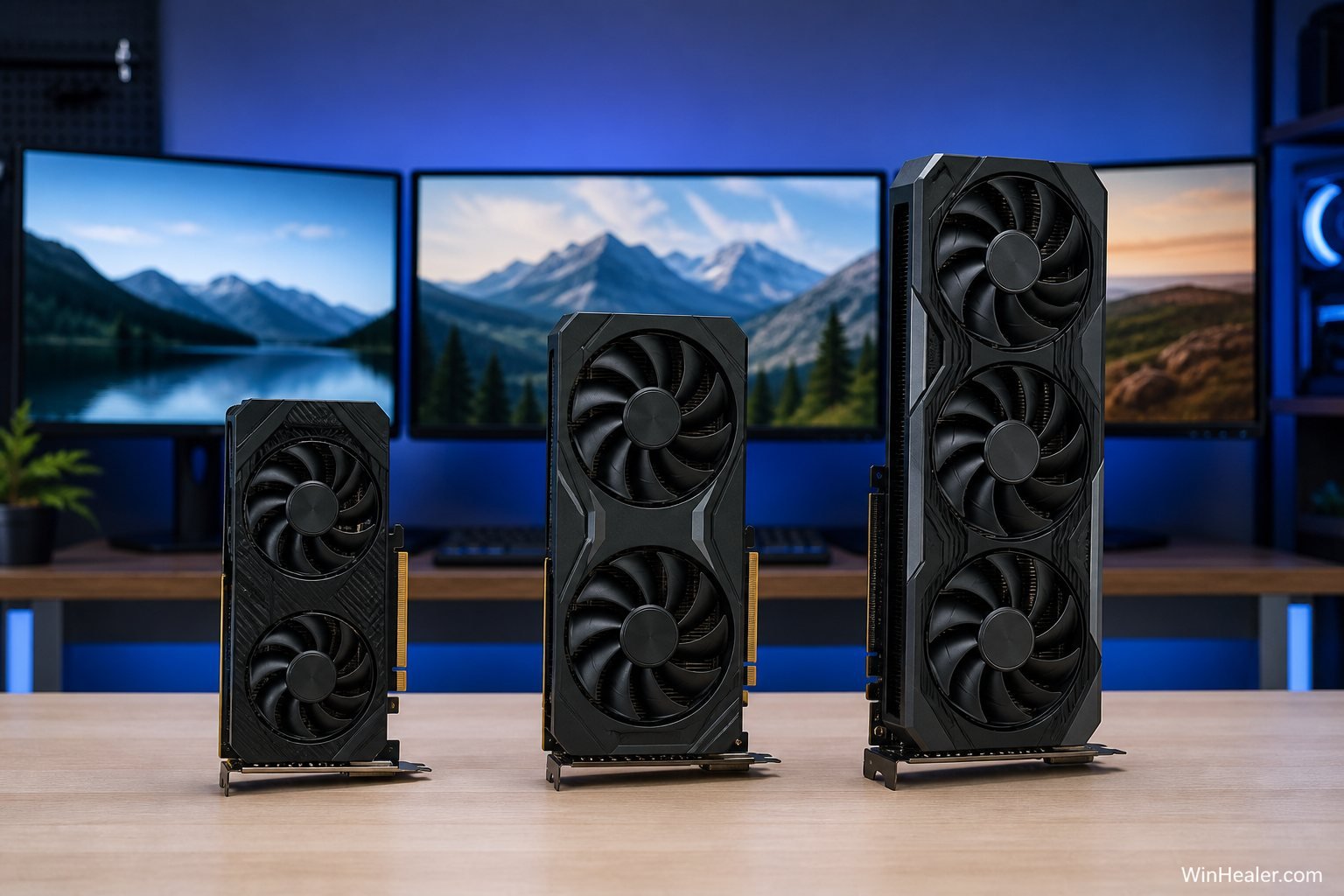 Three unbranded gaming graphics cards representing entry, midrange and high-end VRAM tiers