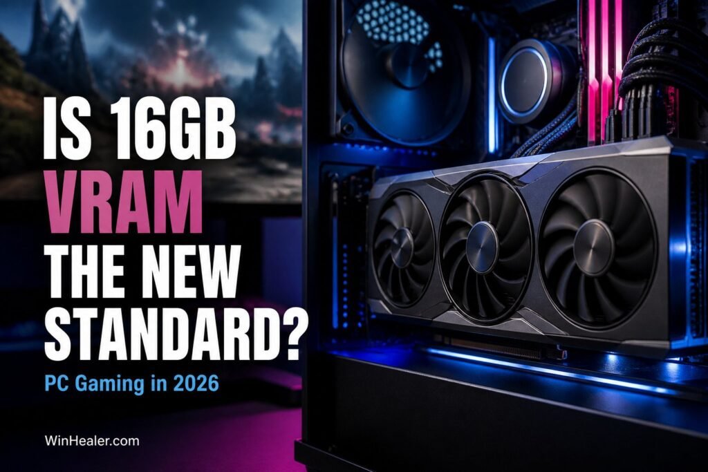 Modern gaming graphics card illustrating the 16GB VRAM standard in 2026