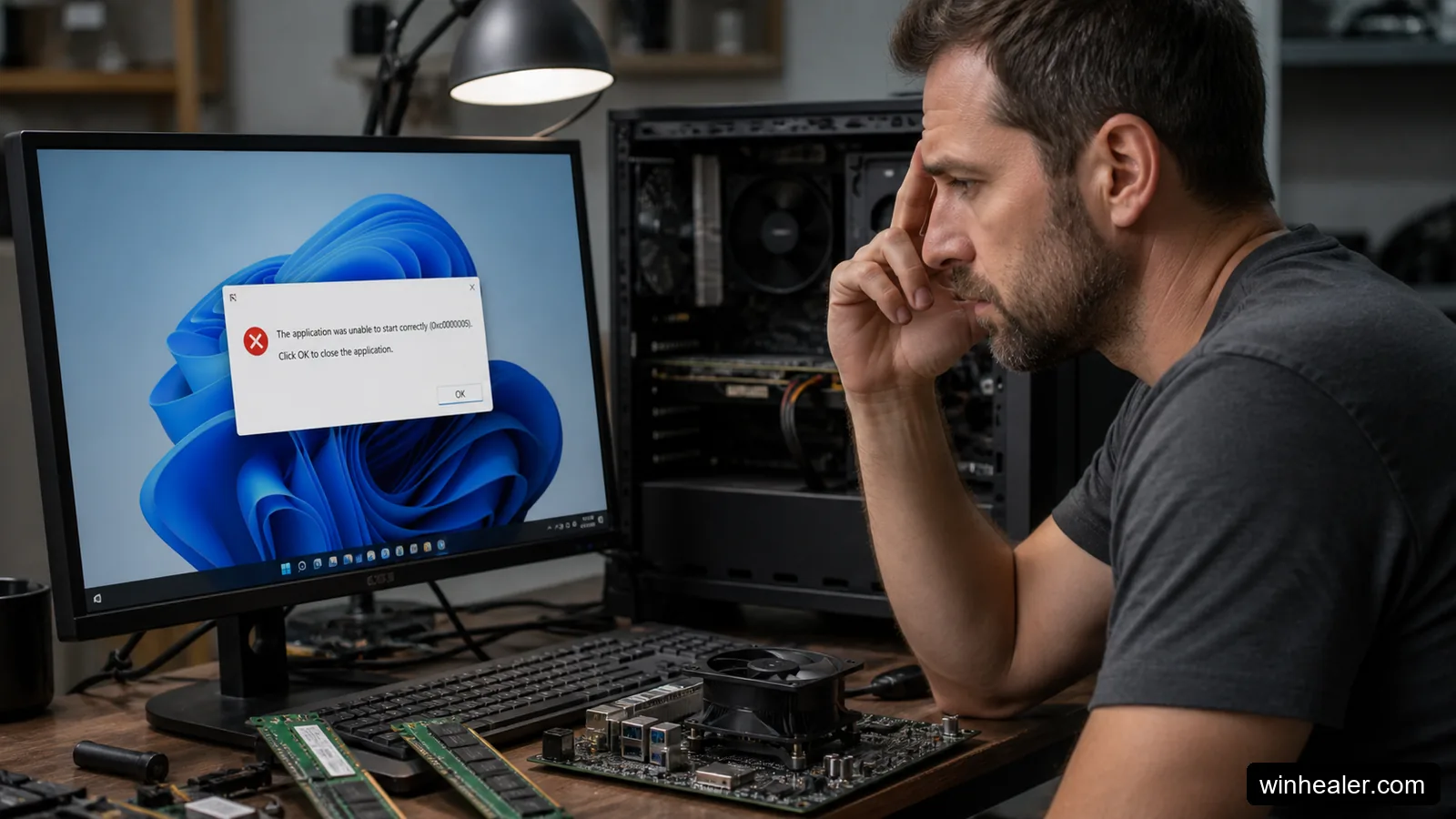 Windows 11 computer showing an application memory error during troubleshooting