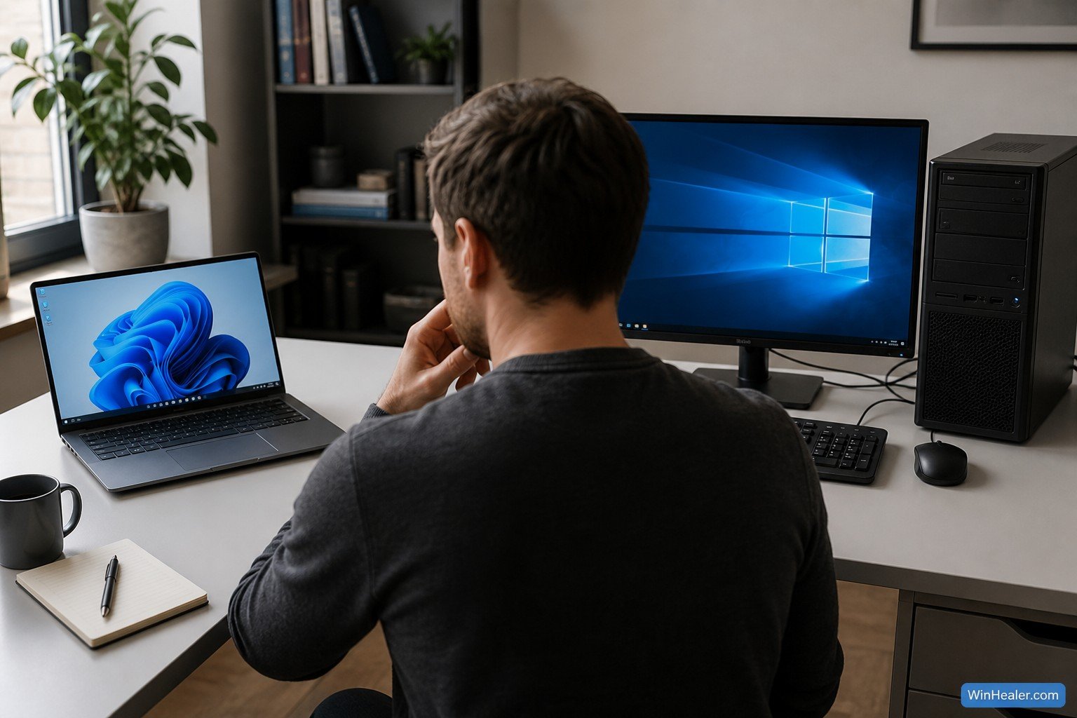 User comparing a new Windows laptop with an existing desktop computer