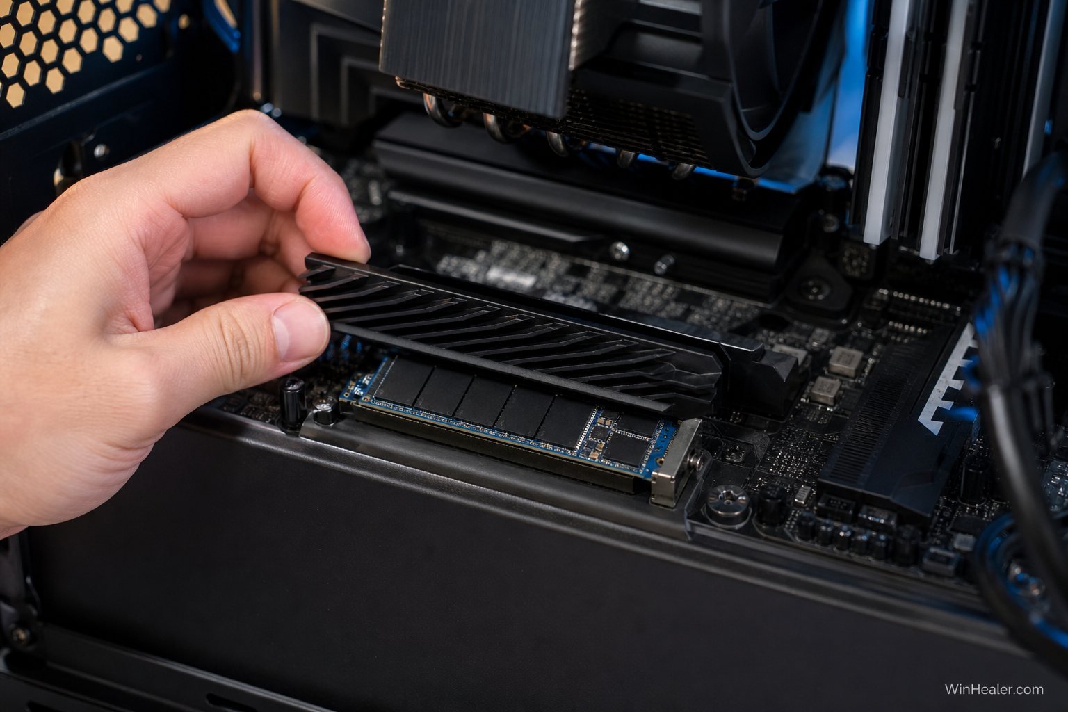PC builder fitting a heatsink over an M.2 NVMe SSD on a gaming motherboard
