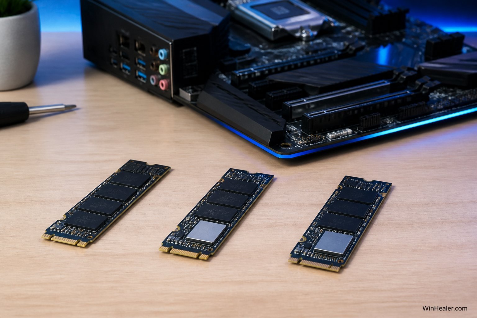 Three unbranded M.2 NVMe SSDs beside a modern gaming motherboard