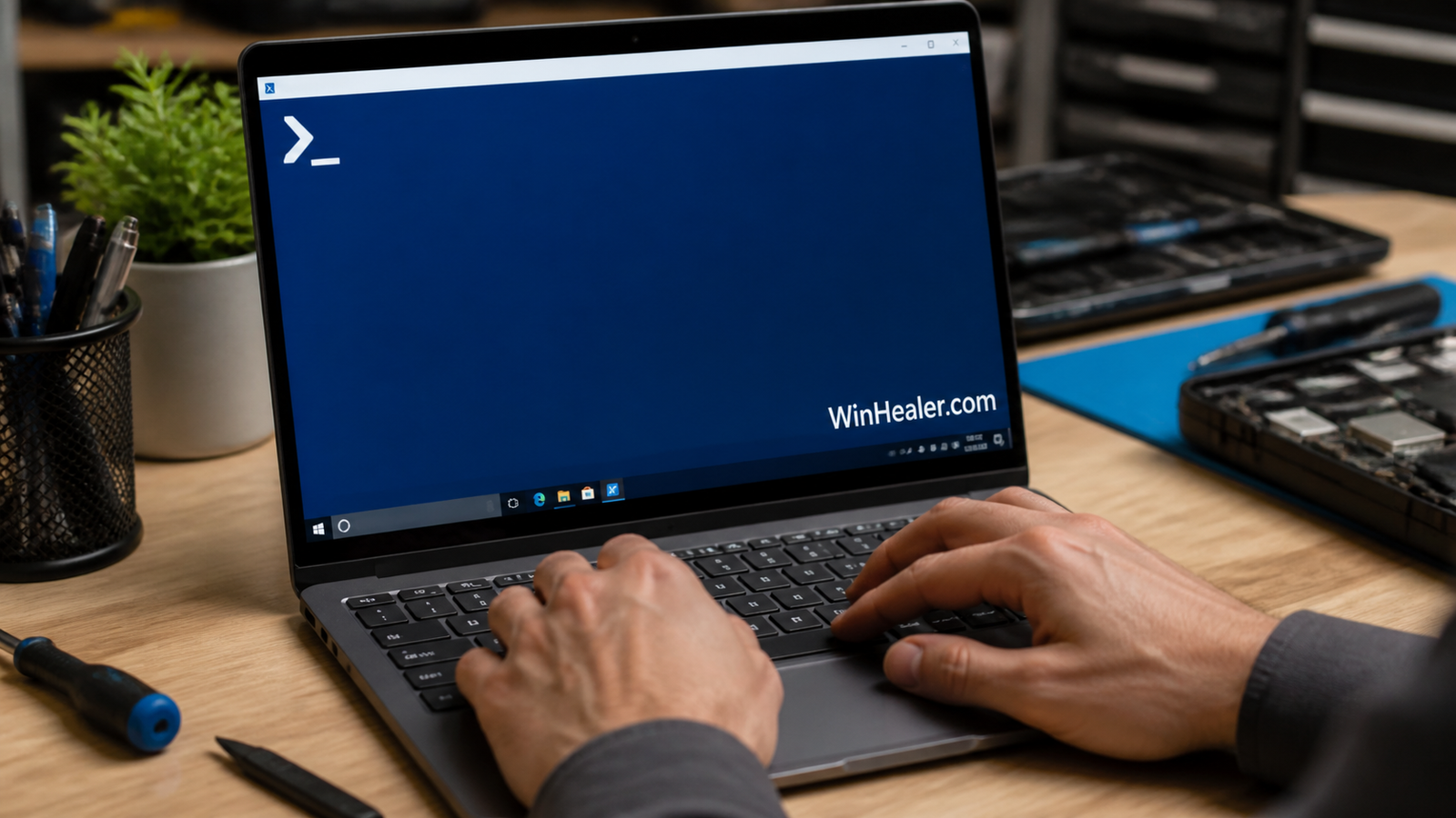 Technician using PowerShell on a Windows laptop