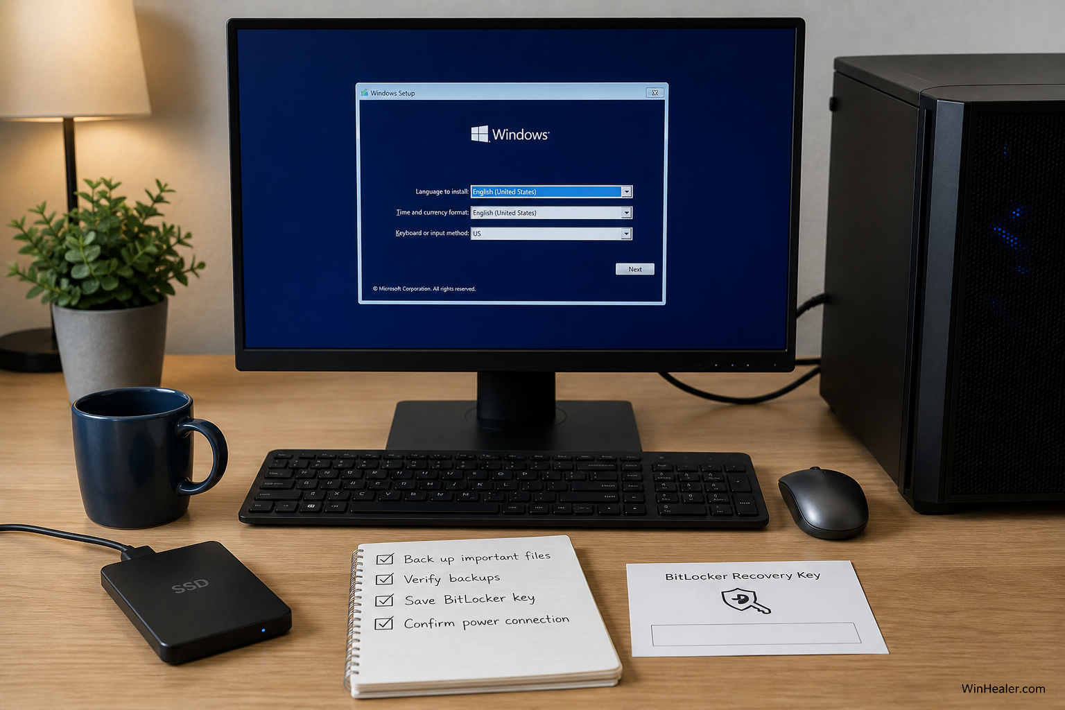 External backup SSD and recovery checklist beside a Windows computer