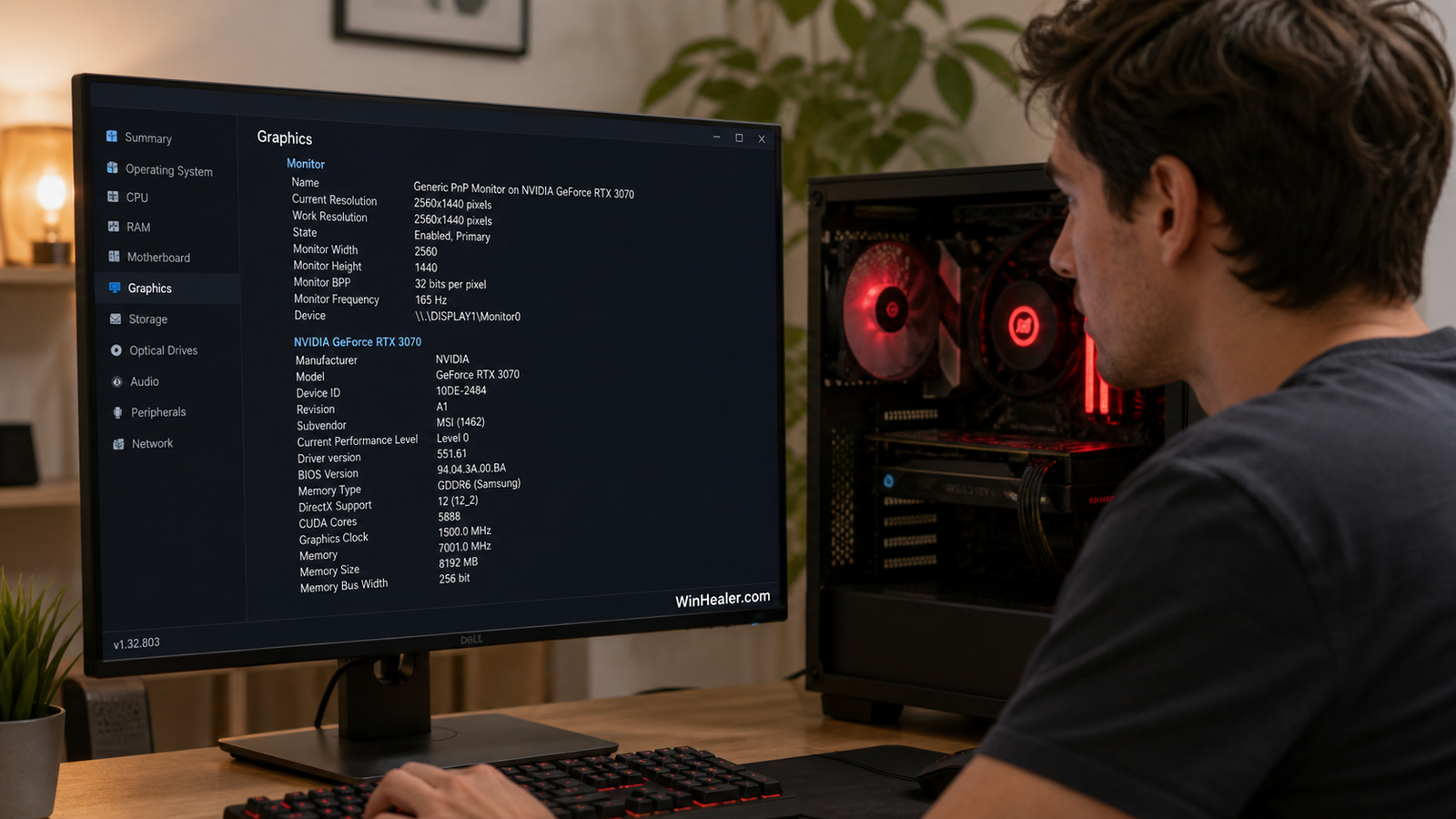 Gamer checking graphics card information beside a gaming PC