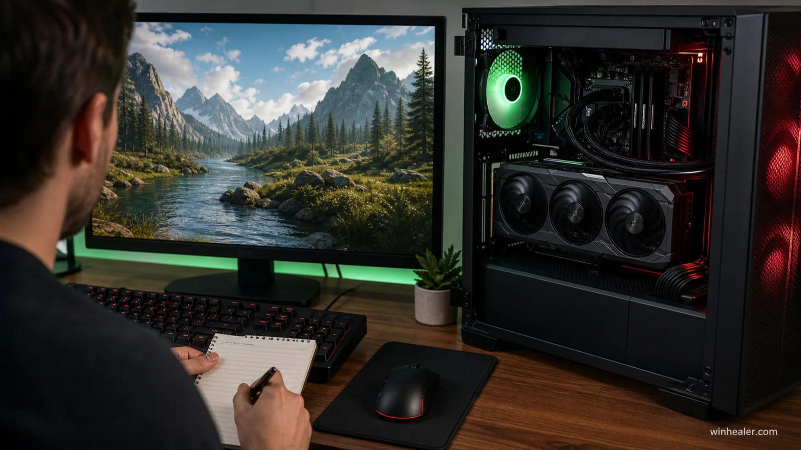 Gaming monitor showing 1080p and 1440p options beside a modern graphics card