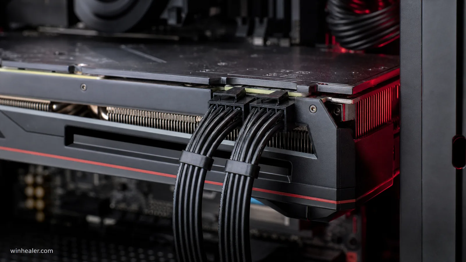Two eight-pin power cables connected correctly to a modern graphics card