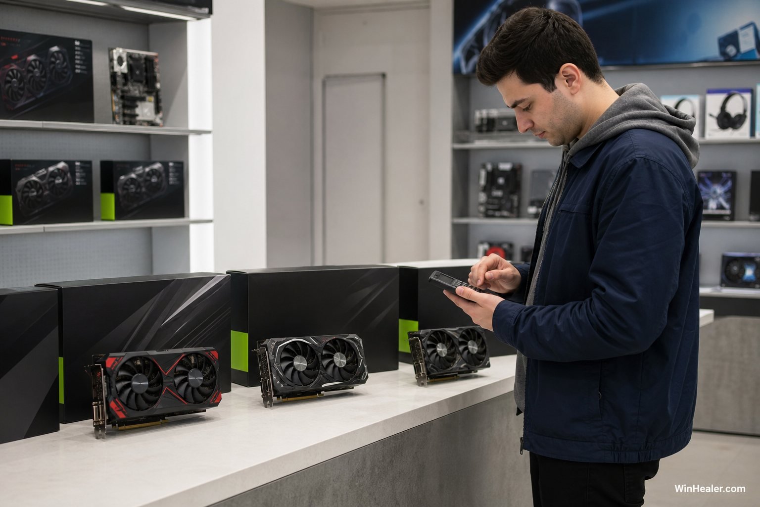 PC shopper comparing several graphics cards and calculating upgrade costs