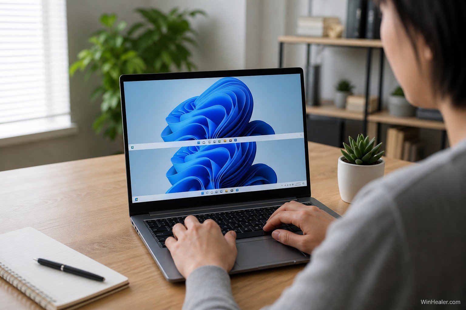 Person comparing standard and compact Windows taskbar sizes on a laptop