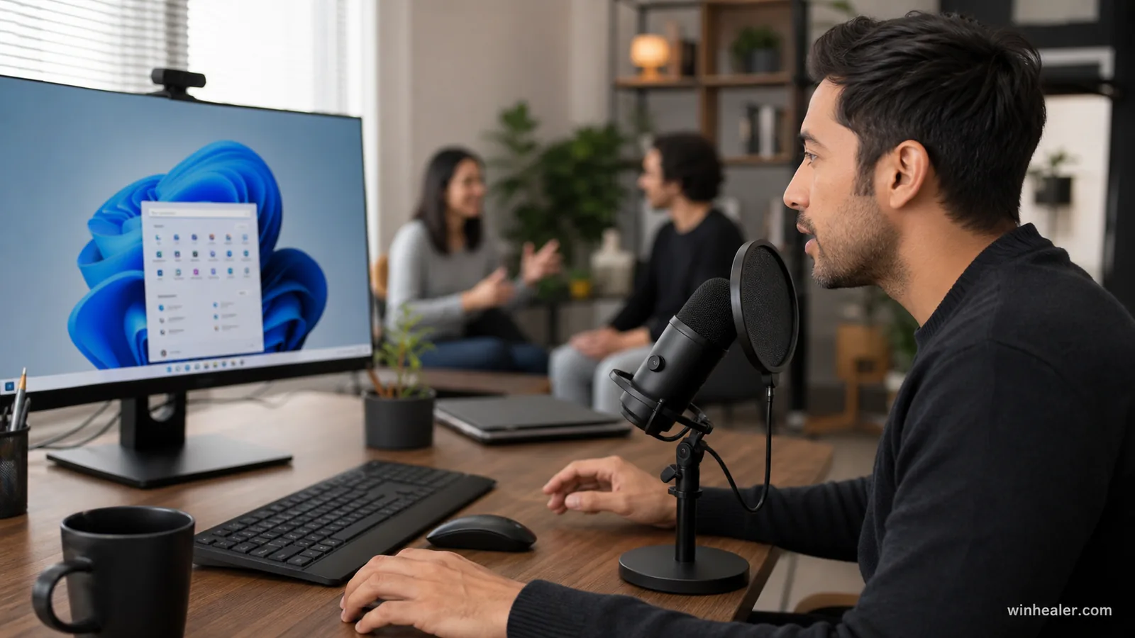 Person controlling a Windows 11 computer with Voice Access in a shared room